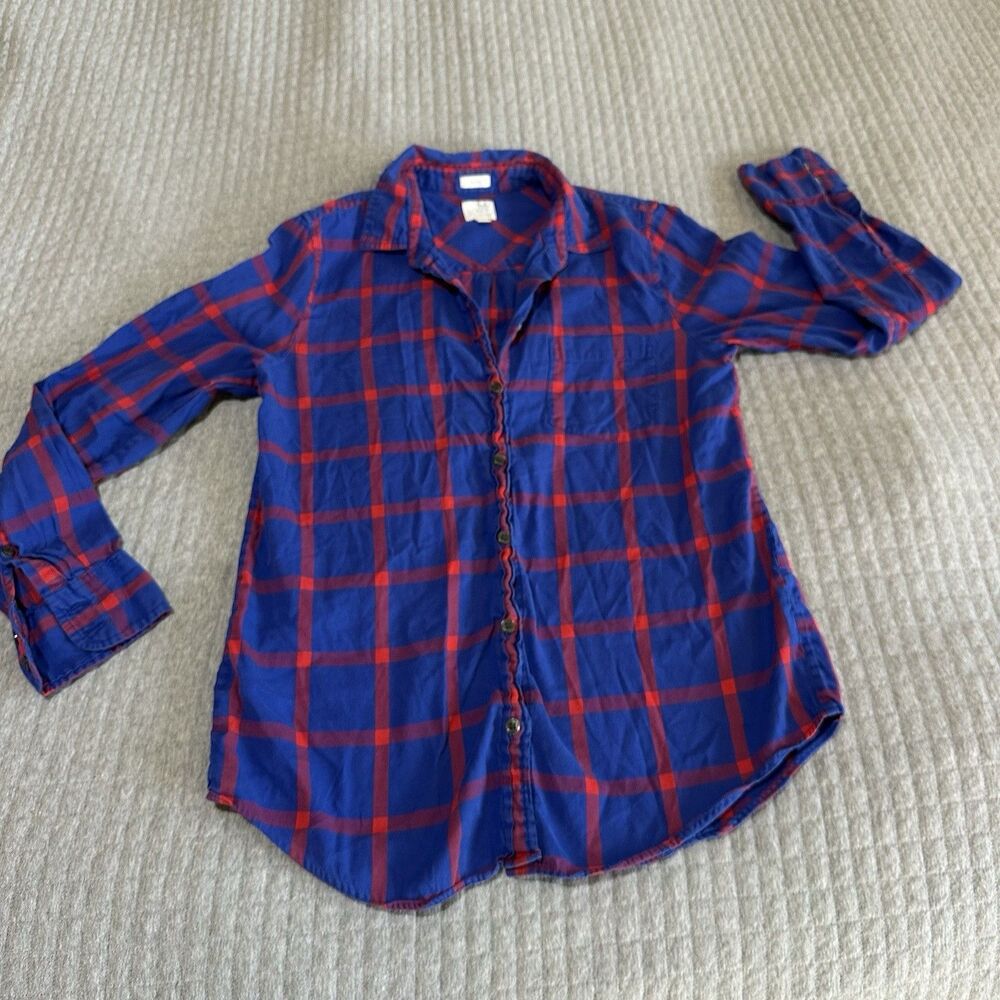 J.CREW 100% Cotton Plaid Button-Up Shirt Blue Red Boy Fit Women’s Size S Grandpa
